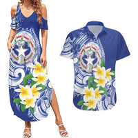 Northern Mariana Islands Couples Matching Summer Maxi Dress and Hawaiian Shirt Polynesian Pattern With Frangipani LT05 Navy - Polynesian Pride