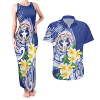 Northern Mariana Islands Couples Matching Tank Maxi Dress and Hawaiian Shirt Polynesian Pattern With Frangipani LT05 Navy - Polynesian Pride