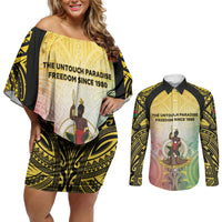 Vanuatu Independence Day Couples Matching Off Shoulder Short Dress and Long Sleeve Button Shirt The Untouched Paradise LT05 Colorful - Polynesian Pride