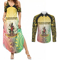 Vanuatu Independence Day Couples Matching Summer Maxi Dress and Long Sleeve Button Shirt The Untouched Paradise LT05 Colorful - Polynesian Pride