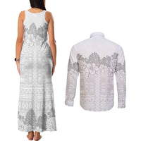 Samoa Lotu Tamaiti Couples Matching Tank Maxi Dress and Long Sleeve Button Shirt White Sunday Polynesian Pattern With Tropical Flowers
