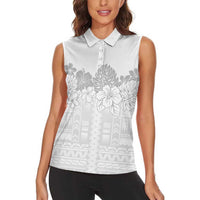 Samoa Lotu Tamaiti Women Sleeveless Polo Shirt White Sunday Polynesian Pattern With Tropical Flowers
