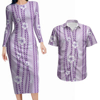 Hawaii Queen Liliuokalani Couples Matching Long Sleeve Bodycon Dress and Hawaiian Shirt Lavender Lei Pua Kalaunu LT05 Lavender - Polynesian Pride