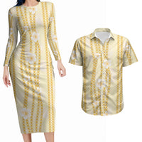 Hawaii Queen Liliuokalani Couples Matching Long Sleeve Bodycon Dress and Hawaiian Shirt Gold Lei Pua Kalaunu LT05 Gold - Polynesian Pride