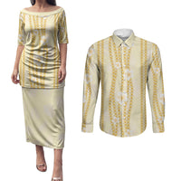 Hawaii Queen Liliuokalani Couples Matching Puletasi and Long Sleeve Button Shirt Gold Lei Pua Kalaunu