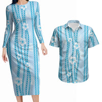 Hawaii Queen Liliuokalani Couples Matching Long Sleeve Bodycon Dress and Hawaiian Shirt Blue Lei Pua Kalaunu LT05 Blue - Polynesian Pride