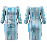 Hawaii Queen Liliuokalani Family Matching Off The Shoulder Long Sleeve Dress and Hawaiian Shirt Blue Lei Pua Kalaunu LT05 Mom's Dress Blue - Polynesian Pride