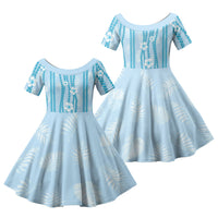 Hawaii Queen Liliuokalani Family Matching Off The Shoulder Long Sleeve Dress and Hawaiian Shirt Blue Lei Pua Kalaunu LT05 Daughter's Dress Blue - Polynesian Pride
