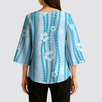 Hawaii Queen Liliuokalani Kimono Sleeve Blouse Blue Lei Pua Kalaunu LT05 - Polynesian Pride