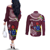 Cook Islands Mangaia Couples Matching Off The Shoulder Long Sleeve Dress and Long Sleeve Button Shirts Coat Of Arms Plumeria Polynesian Turtle LT05 - Polynesian Pride