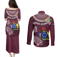 Cook Islands Mangaia Couples Matching Puletasi Dress and Long Sleeve Button Shirts Coat Of Arms Plumeria Polynesian Turtle LT05 - Polynesian Pride