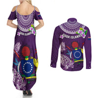 Cook Islands Rarotonga Couples Matching Summer Maxi Dress and Long Sleeve Button Shirts Coat Of Arms Plumeria Polynesian Turtle LT05 - Polynesian Pride