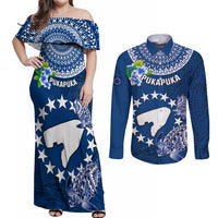 Cook Islands Pukapuka Couples Matching Off Shoulder Maxi Dress and Long Sleeve Button Shirts Coat Of Arms Plumeria Polynesian Turtle LT05 Blue - Polynesian Pride