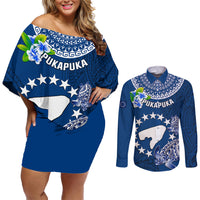 Personalized Cook Islands Pukapuka Couples Matching Off Shoulder Short Dress and Long Sleeve Button Shirts Coat Of Arms Plumeria Polynesian Turtle LT05 Blue - Polynesian Pride