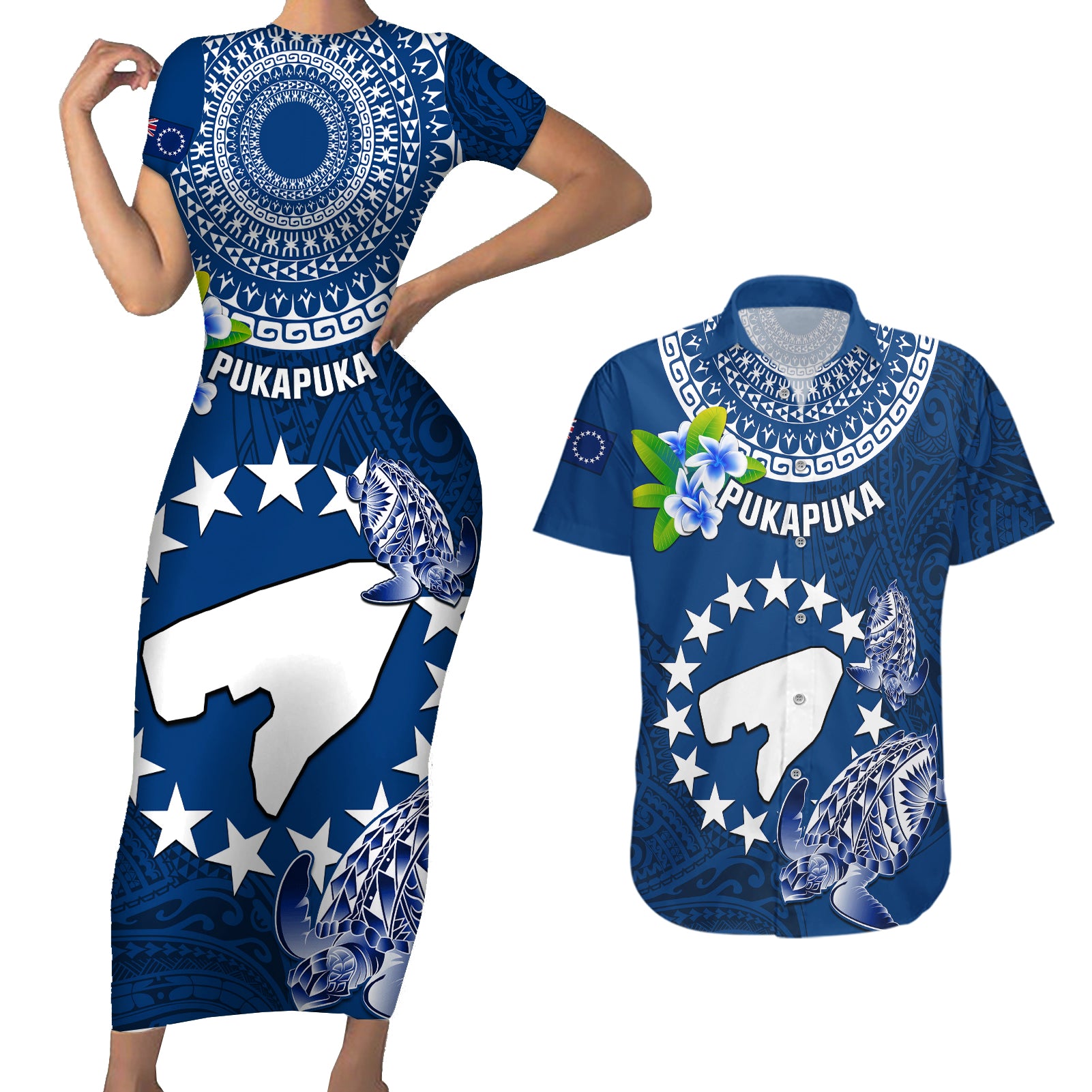 Personalized Cook Islands Pukapuka Couples Matching Short Sleeve Bodycon Dress and Hawaiian Shirt Coat Of Arms Plumeria Polynesian Turtle LT05 Blue - Polynesian Pride