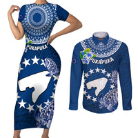 Personalized Cook Islands Pukapuka Couples Matching Short Sleeve Bodycon Dress and Long Sleeve Button Shirts Coat Of Arms Plumeria Polynesian Turtle LT05 Blue - Polynesian Pride