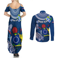 Personalized Cook Islands Pukapuka Couples Matching Summer Maxi Dress and Long Sleeve Button Shirts Coat Of Arms Plumeria Polynesian Turtle LT05 - Polynesian Pride