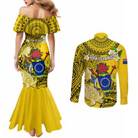 Cook Islands Aitutaki Couples Matching Mermaid Dress and Long Sleeve Button Shirts Coat Of Arms Plumeria Polynesian Turtle LT05 - Polynesian Pride
