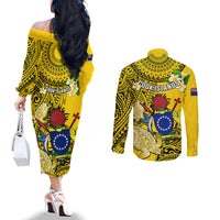 Cook Islands Aitutaki Couples Matching Off The Shoulder Long Sleeve Dress and Long Sleeve Button Shirts Coat Of Arms Plumeria Polynesian Turtle LT05 - Polynesian Pride