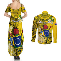 Cook Islands Aitutaki Couples Matching Summer Maxi Dress and Long Sleeve Button Shirts Coat Of Arms Plumeria Polynesian Turtle LT05 - Polynesian Pride