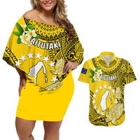 Personalized Cook Islands Aitutaki Couples Matching Off Shoulder Short Dress and Hawaiian Shirt Coat Of Arms Plumeria Polynesian Turtle LT05 Yellow - Polynesian Pride
