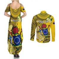 Personalized Cook Islands Aitutaki Couples Matching Summer Maxi Dress and Long Sleeve Button Shirts Coat Of Arms Plumeria Polynesian Turtle LT05 - Polynesian Pride
