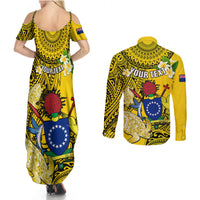 Personalized Cook Islands Aitutaki Couples Matching Summer Maxi Dress and Long Sleeve Button Shirts Coat Of Arms Plumeria Polynesian Turtle LT05 - Polynesian Pride