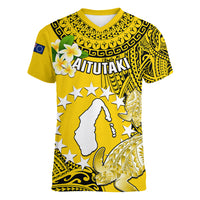 Personalized Cook Islands Aitutaki Women V Neck T Shirt Coat Of Arms Plumeria Polynesian Turtle LT05 Female Yellow - Polynesian Pride