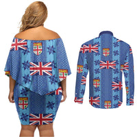 Fiji Masi Tapa Couples Matching Off Shoulder Short Dress and Long Sleeve Button Shirt Coat Of Arms - Polynesian Pride