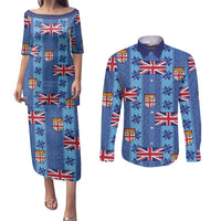 Fiji Masi Tapa Couples Matching Puletasi and Long Sleeve Button Shirt Coat Of Arms LT05 Blue - Polynesian Pride