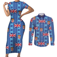 Fiji Masi Tapa Couples Matching Short Sleeve Bodycon Dress and Long Sleeve Button Shirt Coat Of Arms - Polynesian Pride