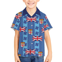 Fiji Masi Tapa Family Matching Puletasi and Hawaiian Shirt Coat Of Arms LT05 Son's Shirt Blue - Polynesian Pride
