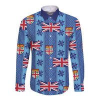 Fiji Masi Tapa Long Sleeve Button Shirt Coat Of Arms LT05 Unisex Blue - Polynesian Pride