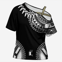 Polynesian Chief Inspired Costume Cross Shoulder Shirt Tribal Pattern With Tooth Necklace Black