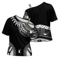 Polynesian Chief Inspired Costume Cross Shoulder Shirt Tribal Pattern With Tooth Necklace Black