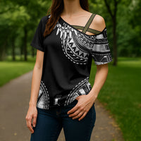 Polynesian Chief Inspired Costume Cross Shoulder Shirt Tribal Pattern With Tooth Necklace Black