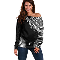 Polynesian Chief Inspired Costume Off Shoulder Sweater Tribal Pattern With Tooth Necklace Black