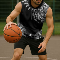 Polynesian Chief Inspired Costume Sleeveless Hoodie Tribal Pattern With Tooth Necklace Black