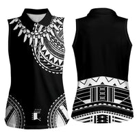 Polynesian Chief Inspired Costume Women Sleeveless Polo Shirt Tribal Pattern With Tooth Necklace Black