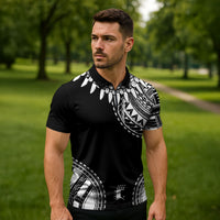 Polynesian Chief Inspired Costume Zipper Polo Shirt Tribal Pattern With Tooth Necklace Black