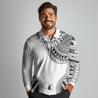 Polynesian Chief Inspired Costume Long Sleeve Polo Shirt Tribal Pattern With Tooth Necklace White
