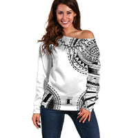 Polynesian Chief Inspired Costume Off Shoulder Sweater Tribal Pattern With Tooth Necklace White