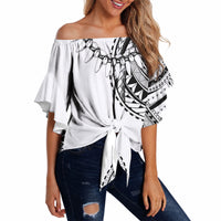 Polynesian Chief Inspired Costume Off Shoulder Wrap Waist Top Tribal Pattern With Tooth Necklace White