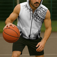 Polynesian Chief Inspired Costume Sleeveless Zip Hoodie Tribal Pattern With Tooth Necklace White