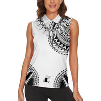 Polynesian Chief Inspired Costume Women Sleeveless Polo Shirt Tribal Pattern With Tooth Necklace White