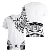 Polynesian Chief Inspired Costume Women V-Neck T-Shirt Tribal Pattern With Tooth Necklace White