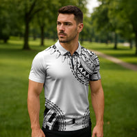 Polynesian Chief Inspired Costume Zipper Polo Shirt Tribal Pattern With Tooth Necklace White