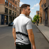 Polynesian Chief Inspired Costume Zipper Polo Shirt Tribal Pattern With Tooth Necklace White