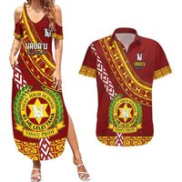 Custom Vavau High School Couples Matching Summer Maxi Dress and Hawaiian Shirt Tongan Kupesi Pattern LT05 Red - Polynesian Pride
