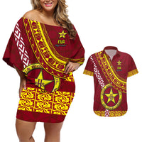 Custom Eua High School Couples Matching Off Shoulder Short Dress and Hawaiian Shirt Tongan Kupesi Pattern LT05 Red - Polynesian Pride